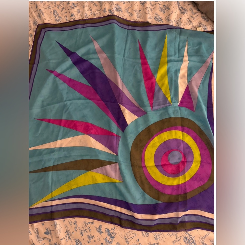 Emilio Pucci Blue and Green Patterned silk Scarf